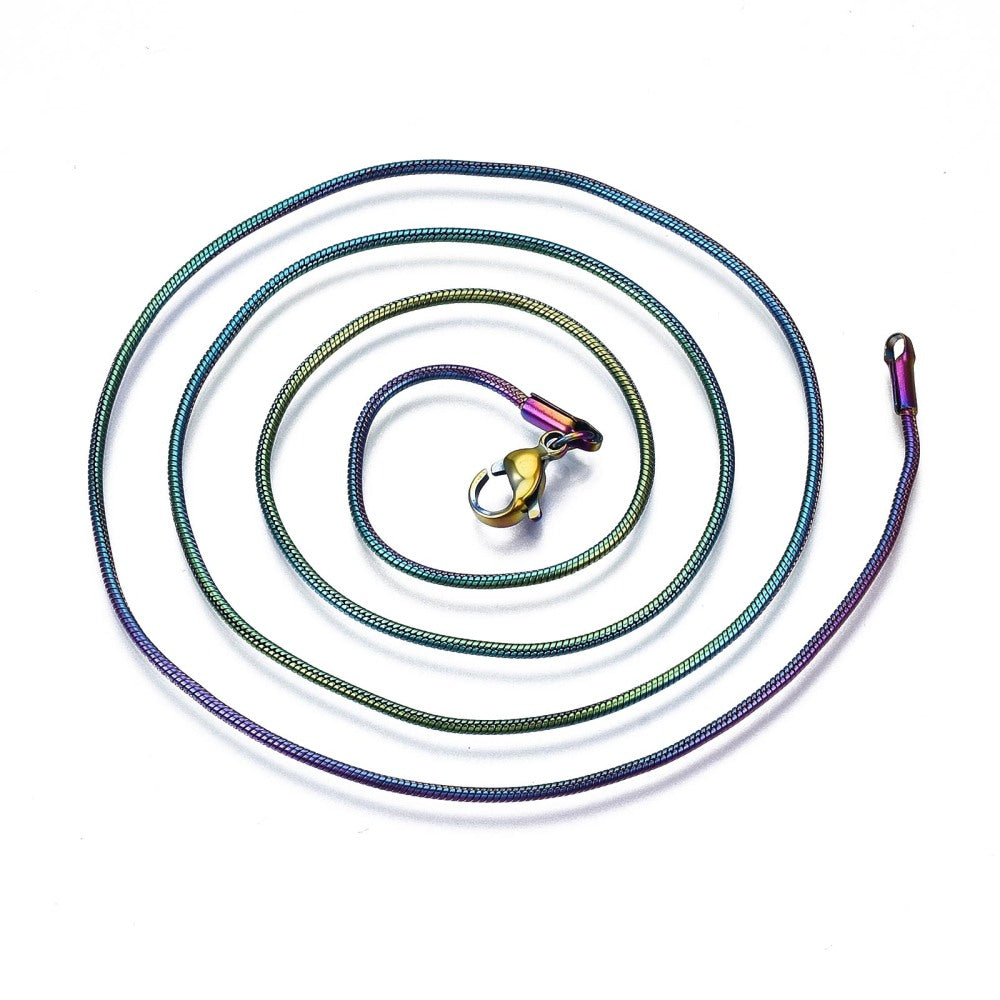 rainbow ion plated snake chain with lobster claw clasp on white background. 