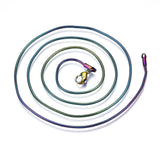 rainbow ion plated snake chain with lobster claw clasp on white background. 