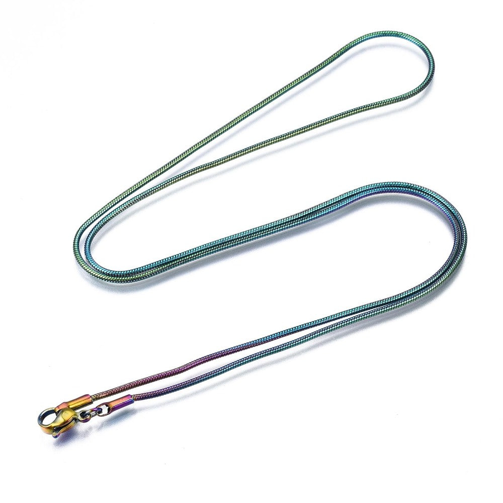 rainbow ion plated snake chain with lobster claw clasp on white background. 