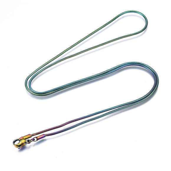 rainbow ion plated snake chain with lobster claw clasp on white background. 