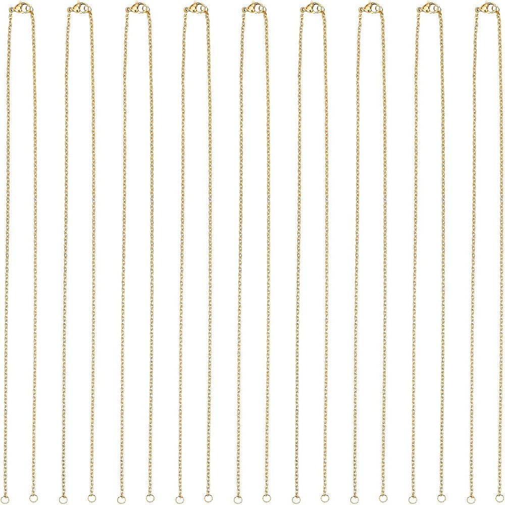 nine golden cable chain necklace separated in the center with two jump rings ready to attach your favorite connector and a lobster claw clasp against a white background. 