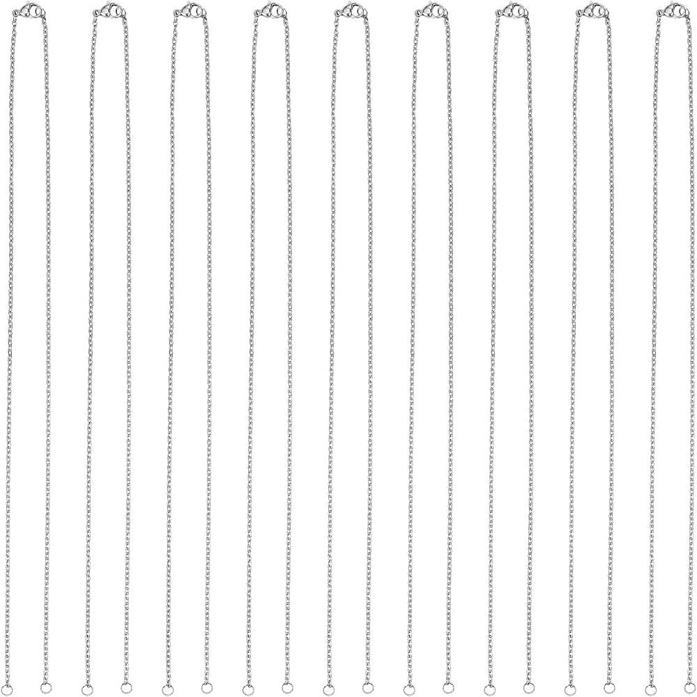 nine stainless steel cable chain necklace separated in the center with two jump rings ready to attach your favorite connector and a lobster claw clasp against a white background. 