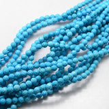 blue turquoise dyed Howlite faceted round bead strands over white background. 