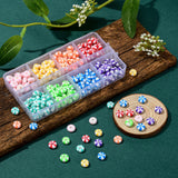 multi-colored candy swirl bead box kit with eight different sections and colors including pink, yellow, orange, red, turquoise, green, blue and purple on a wooden board with some loose beads spilled over onto the board a slice of wood and the green felt surface with a peek of flowers in from the top.