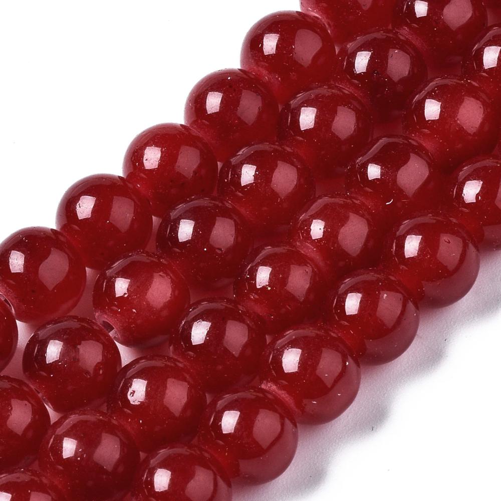 four red round glass bead strands over white background. 