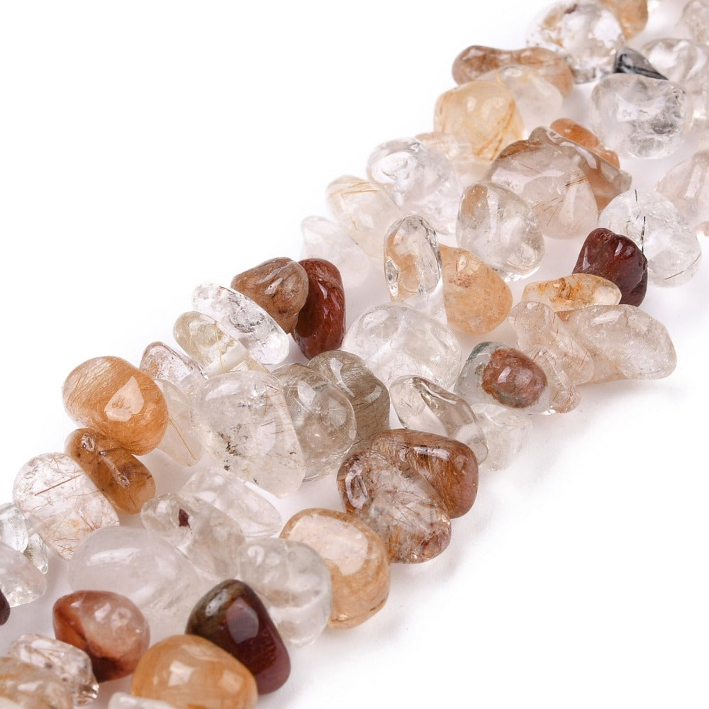 three multi-color rutilated quartz chip bead strands over white surface. 