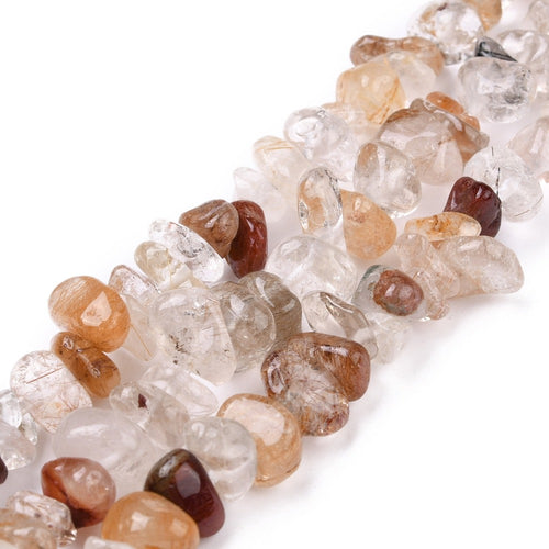 three multi-color rutilated quartz chip bead strands over white surface. 