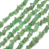 six green aventurine chip bead strands over white background. 