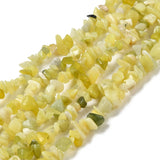 six lemon jade chip bead strands over white surface. 