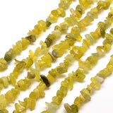 six olive jade chip bead strands over white surface. 