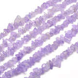 six lavender amethyst chip bead strands over white background. 
