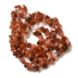 red agate chip bead strand in a swirl design over white background. 