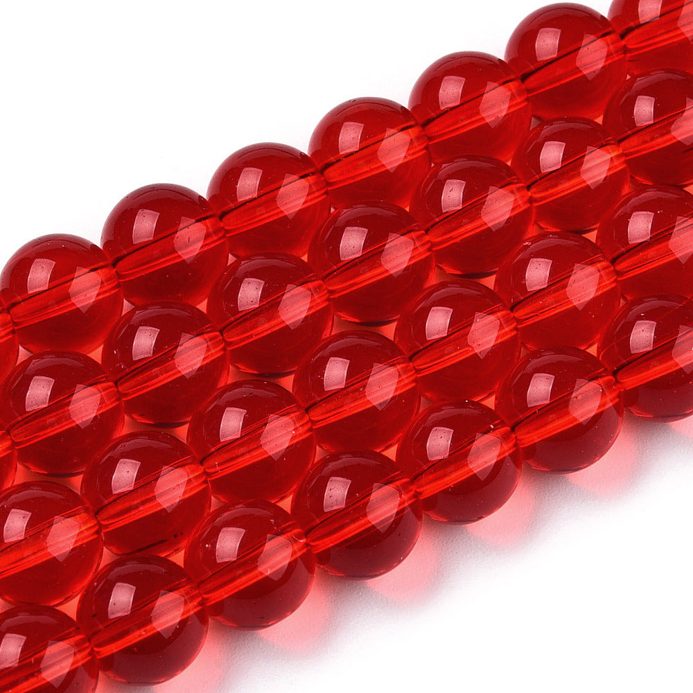 four translucent red round glass bead strands over white background. 