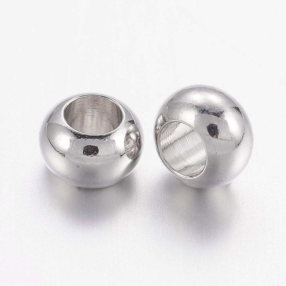 two silver tone smooth rondelle spacer beads over white background. 