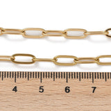 golden paperclip chain necklace displayed above wooden ruler over white background. 