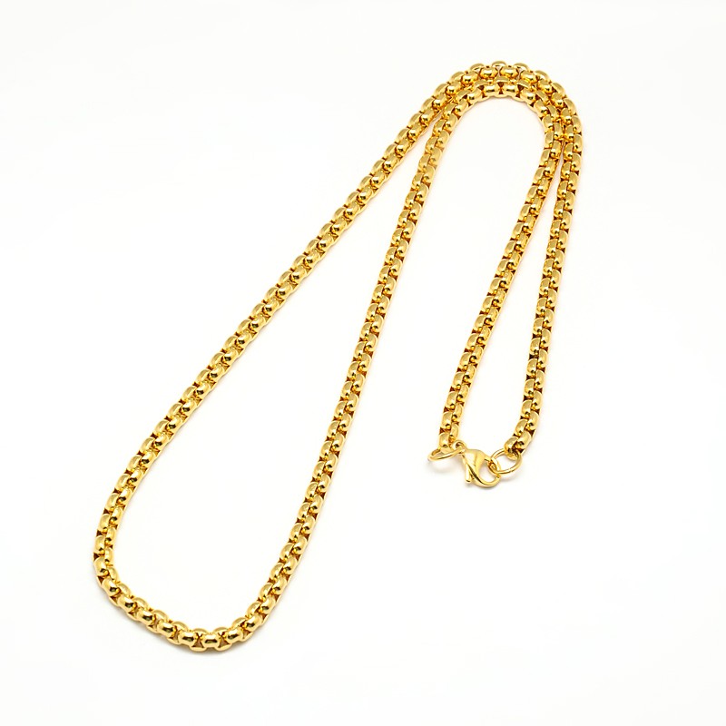 golden heavy Venetian box chain necklace with lobster claw clasp over white background. 