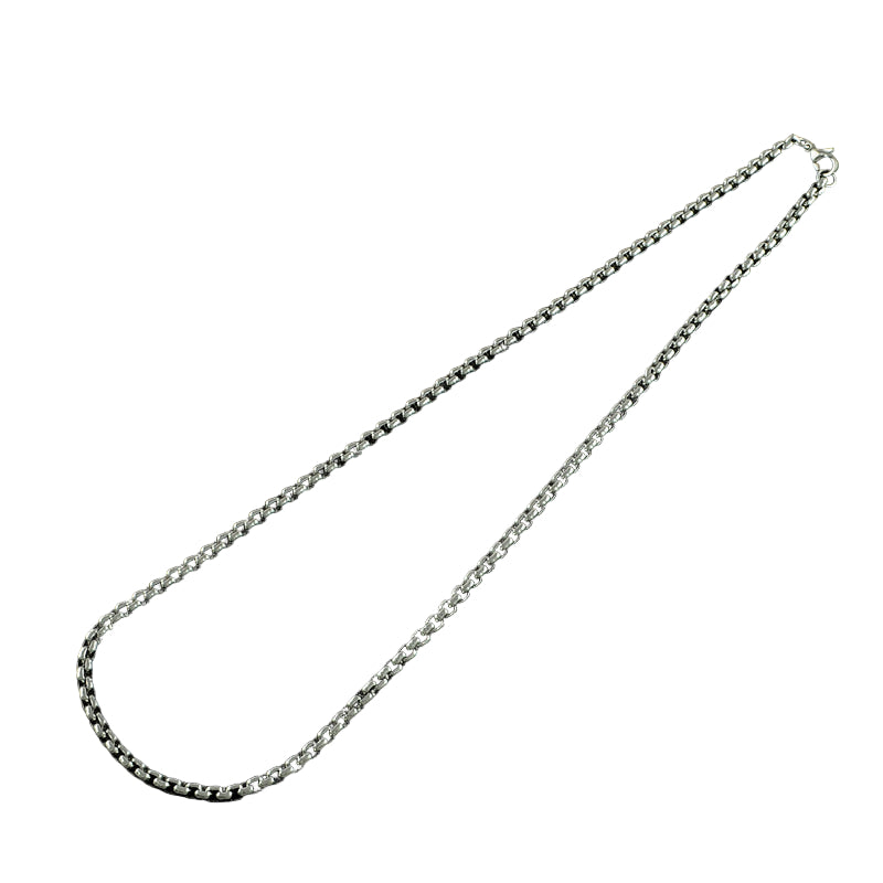 silver tone Venetian box chain necklace with lobster claw clasp and white background. 