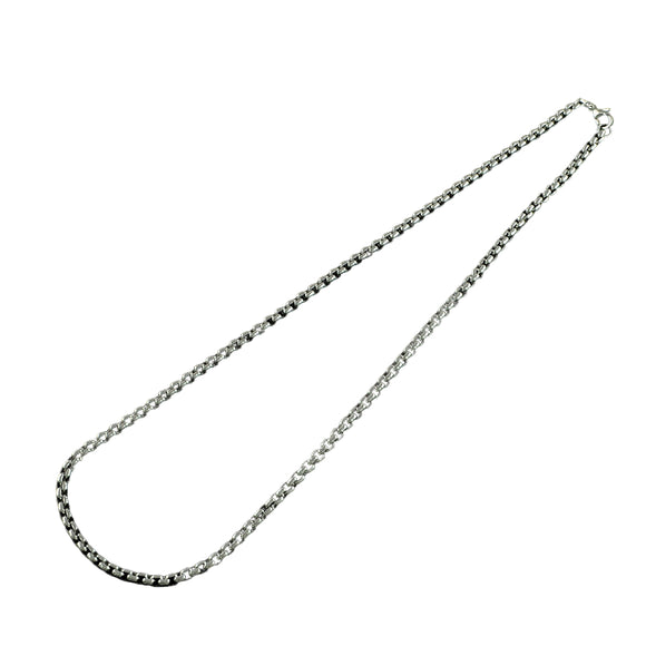 silver tone Venetian box chain necklace with lobster claw clasp and white background. 