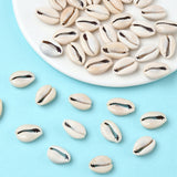 collection of natural cowrie bead shells in a white dish and some spilled onto a light blue surface. 