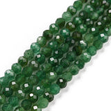 five strands of dark green faceted round Fuchsite beads over white background. 
