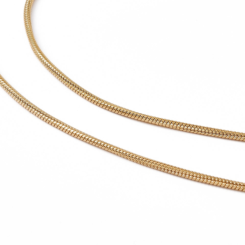 zoomed in section of golden snake chain on white background. 