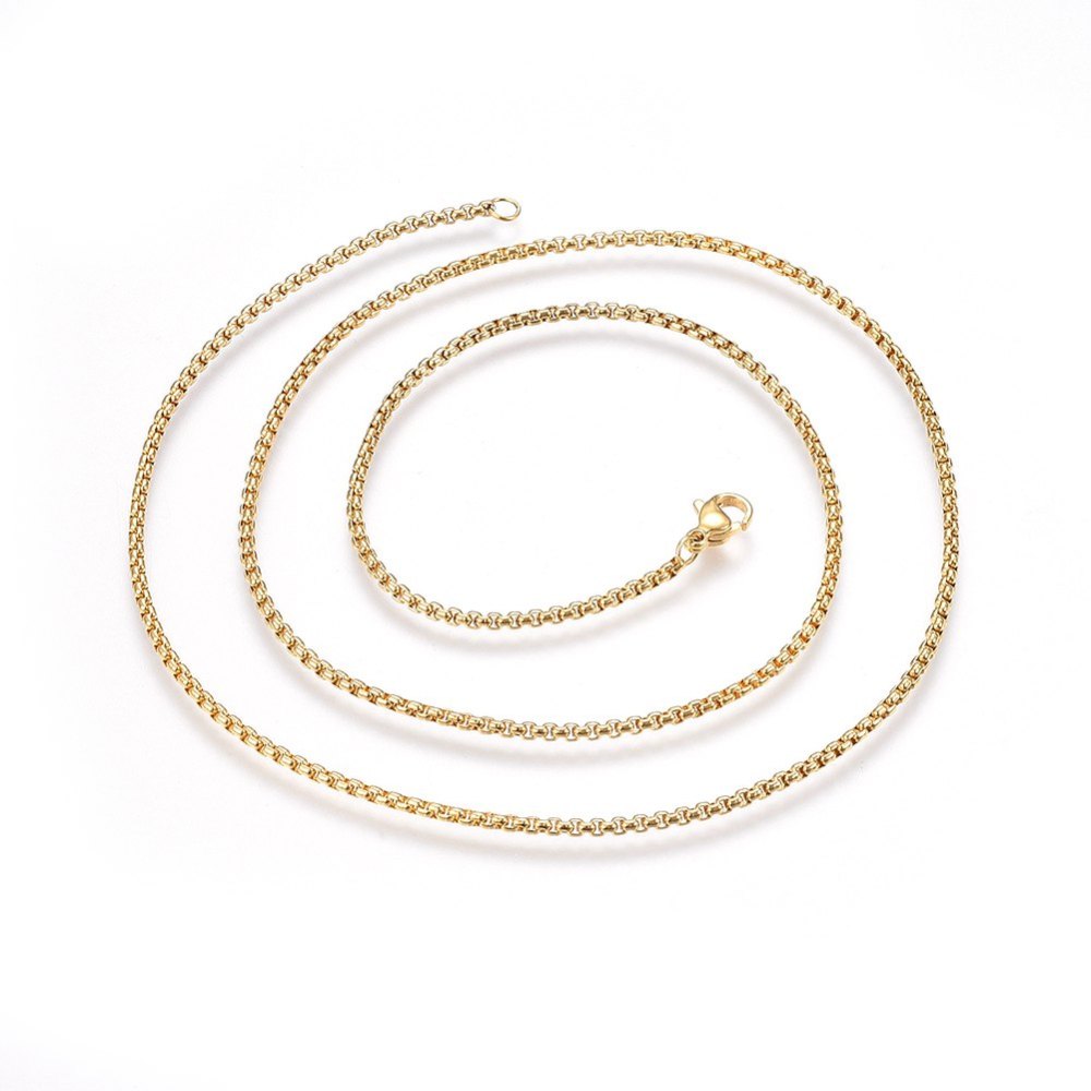 golden squared Rolo chain necklace with lobster claw clasp on white background. 
