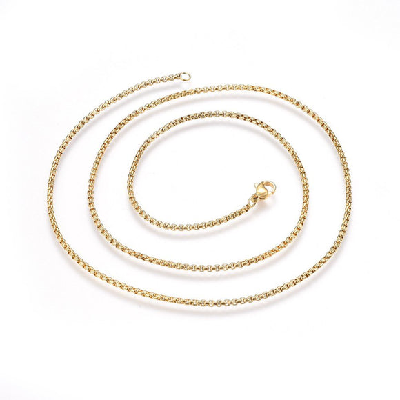 golden squared Rolo chain necklace with lobster claw clasp on white background. 