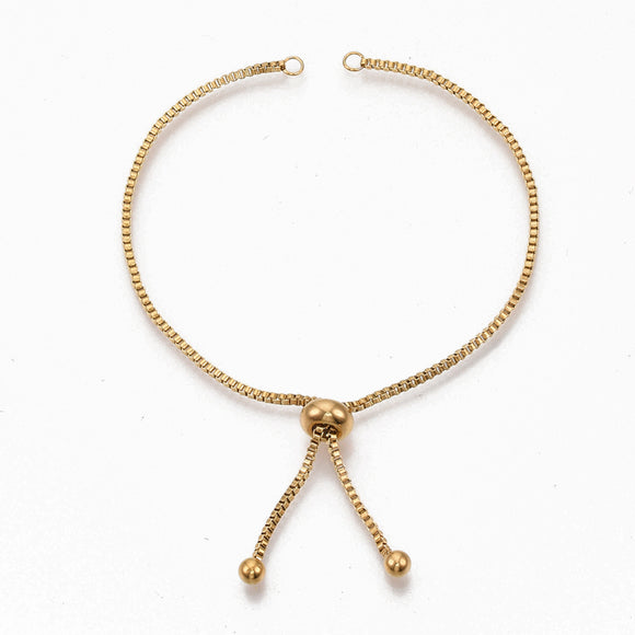 10 inch adjustable, golden plated, stainless steel slider bracelet with slider stopper beads.