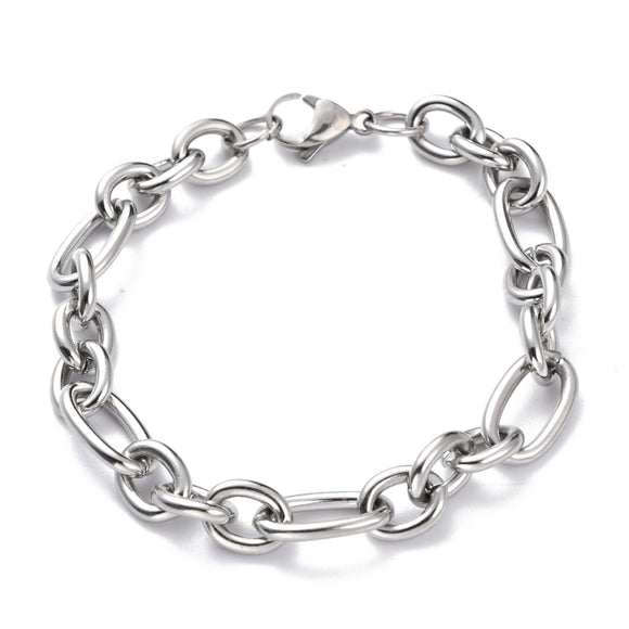 stainless steel heavy Figaro chain bracelet with lobster claw clasp on white background. 