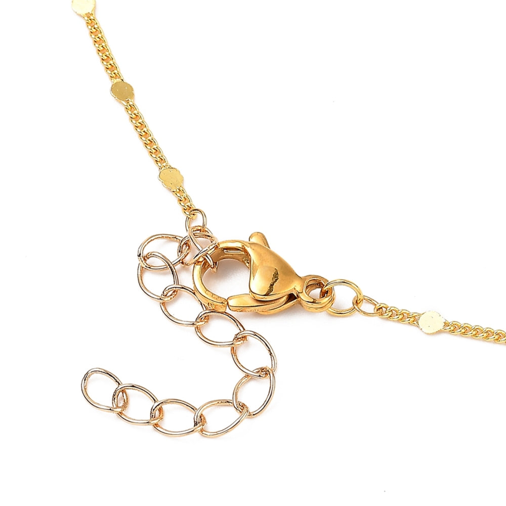zoomed in lobster claw clasp and extender chain on bar link necklace with white background. 