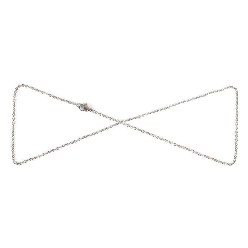 stainless steel cable chain with lobster claw clasp on white background. 