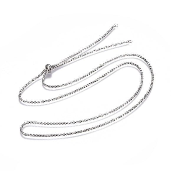 stainless steel Venetian box chain Bolo necklace with slider bead and 2 jump rings on white background. 
