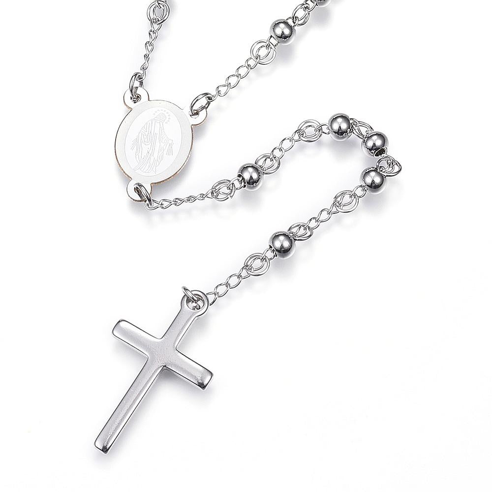 silver tone beaded Rosary with front of miraculous medal and cross pendant over white background. 