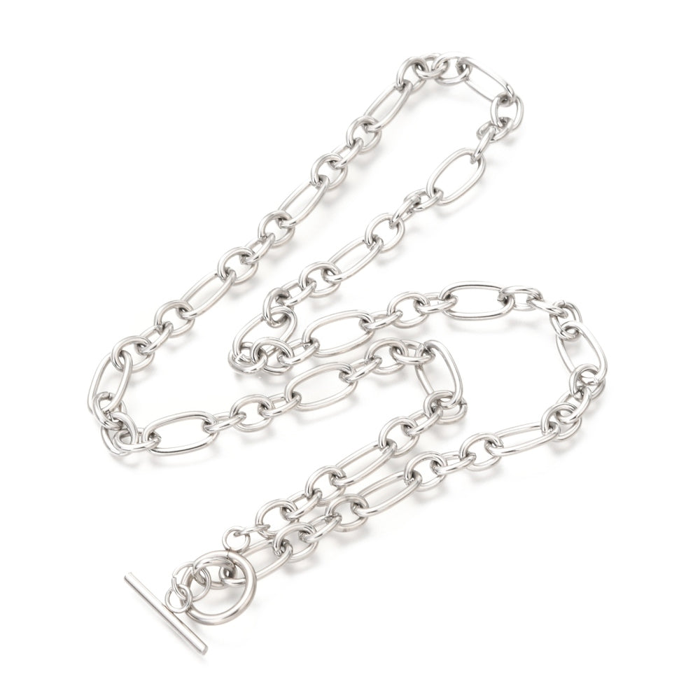 stainless steel Figaro chain necklace with toggle clasp on a white background.