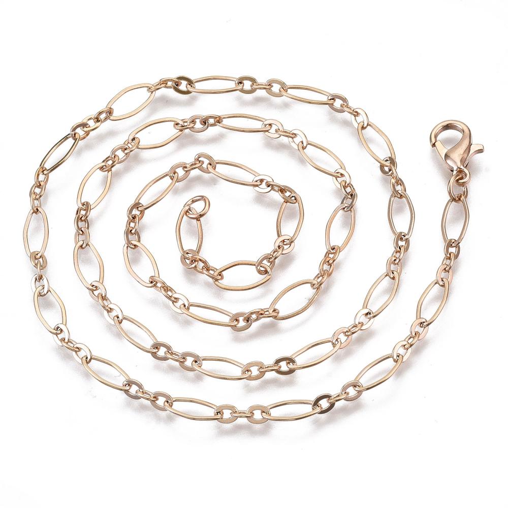 golden oval cable chain necklace with lobster claw clasp on white background. 
