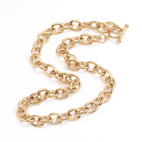 golden large cable chain necklace with toggle clasp on white background. 