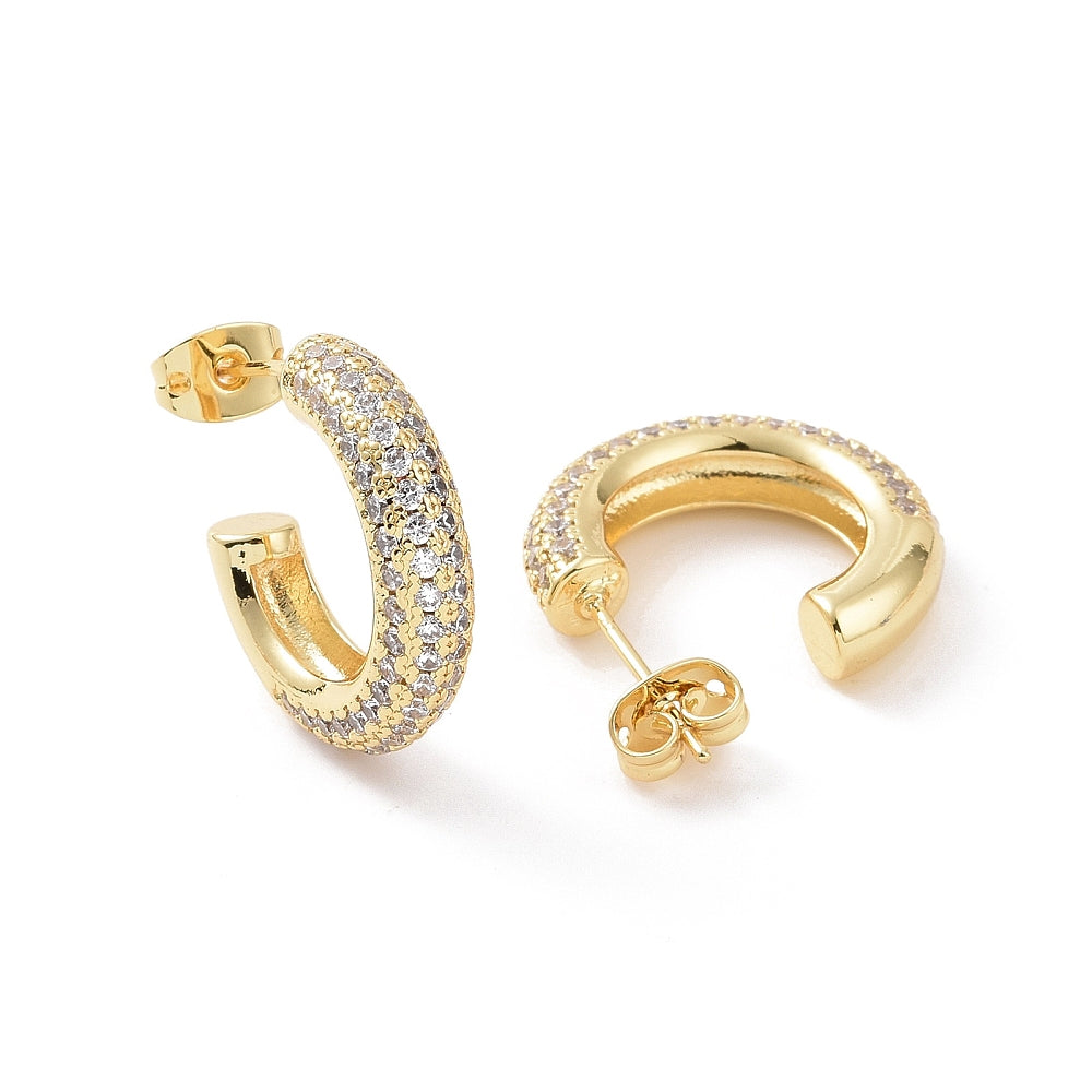 golden pave set clear stone stud hoop earring with post and friction backs over white background. 