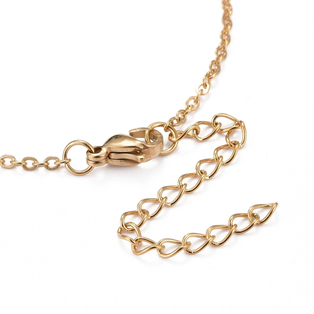 golden lobster claw clasp and extender on cable chain on white background. 