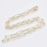 light golden medium round oval paperclip chain necklace with lobster claw clasp on white background. 