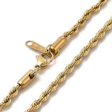 zoomed in sections of golden rope chain with lobster claw clasp on white background. 
