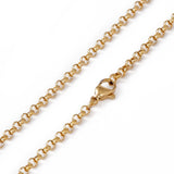 zoomed in sections of golden medium Rolo chain necklace with lobster claw clasp on white background. 