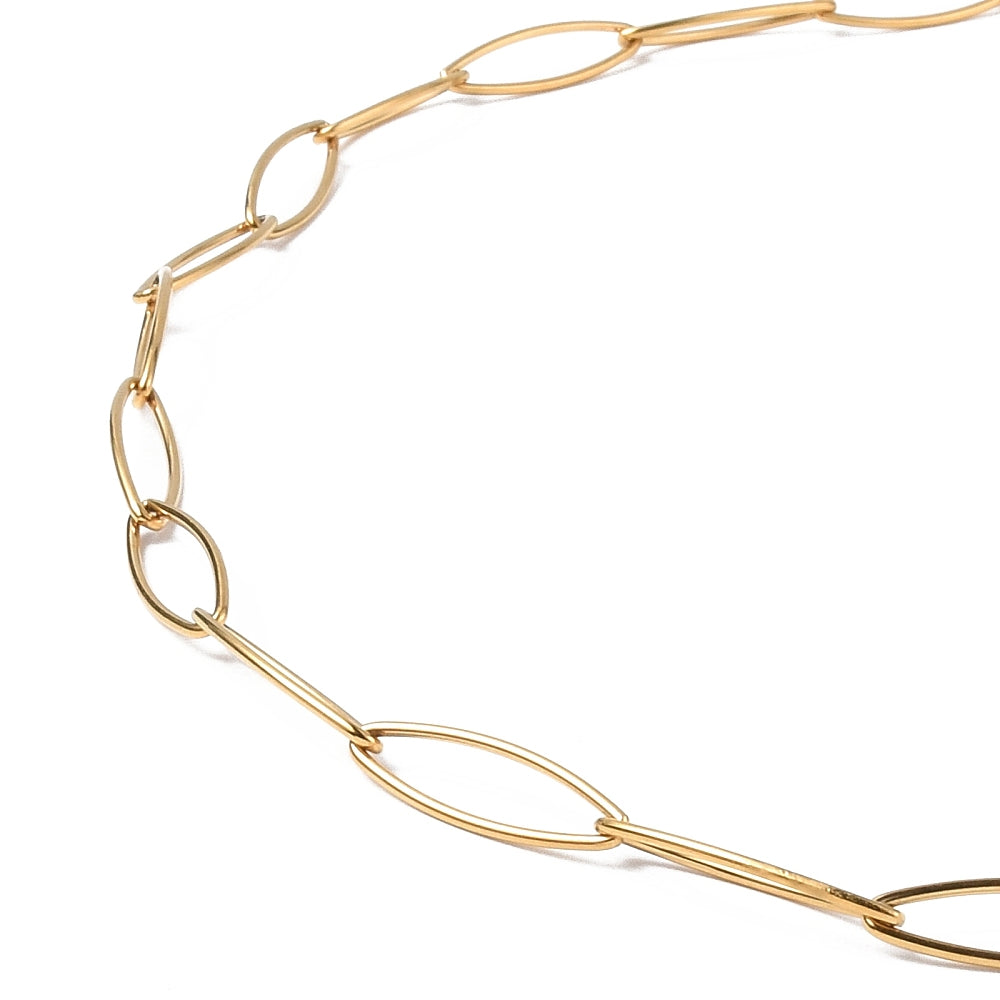 zoomed in section of golden marquise paperclip chain over white background. 
