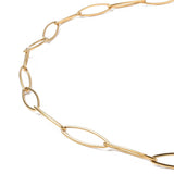 zoomed in section of golden marquise paperclip chain on white background. 