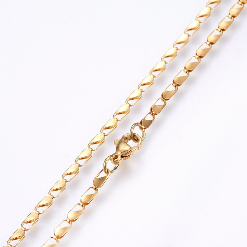 zoomed in sections of golden sheet chain necklace with lobster claw clasp on white background.