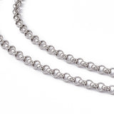 zoomed in section of stainless steel medium Rolo chain necklace on white background. 