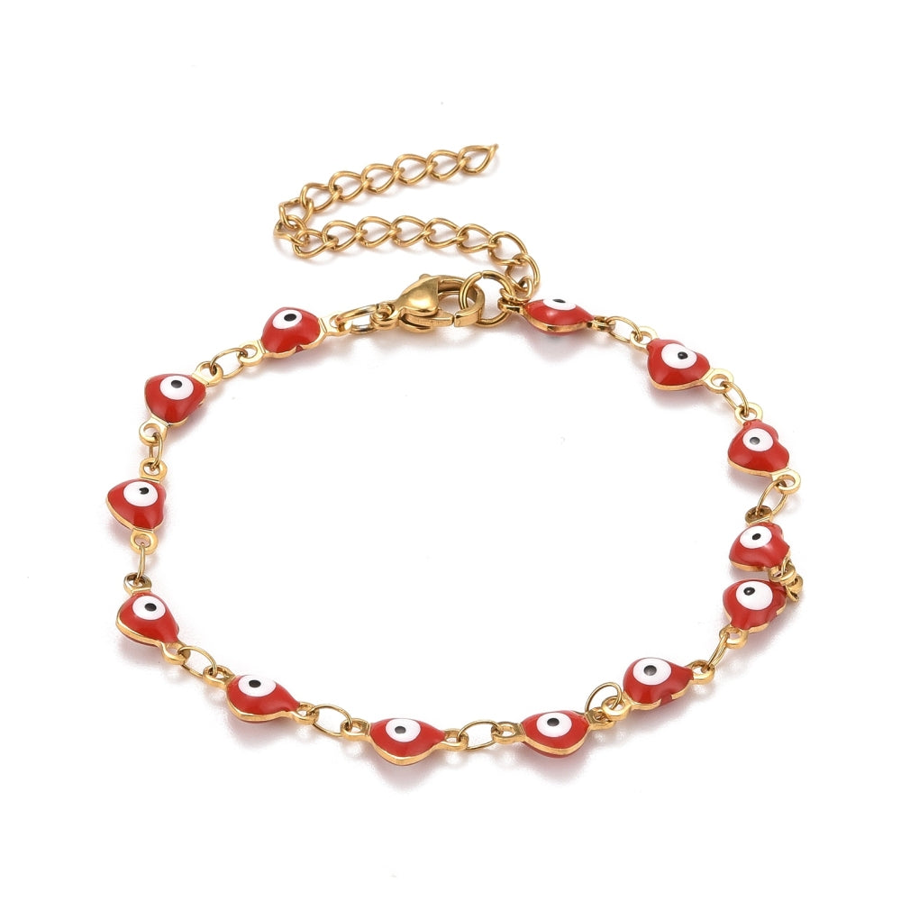 golden and red enamel heart shaped evil eye bracelet with lobster claw clasp and extender chain over white background.