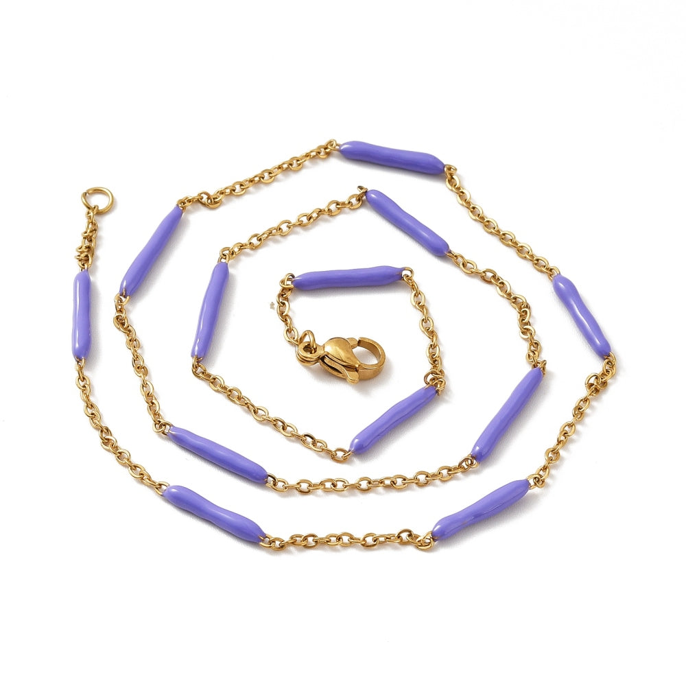 golden curb chain and purple enamel bar link necklace with lobster claw clasp on white background. 