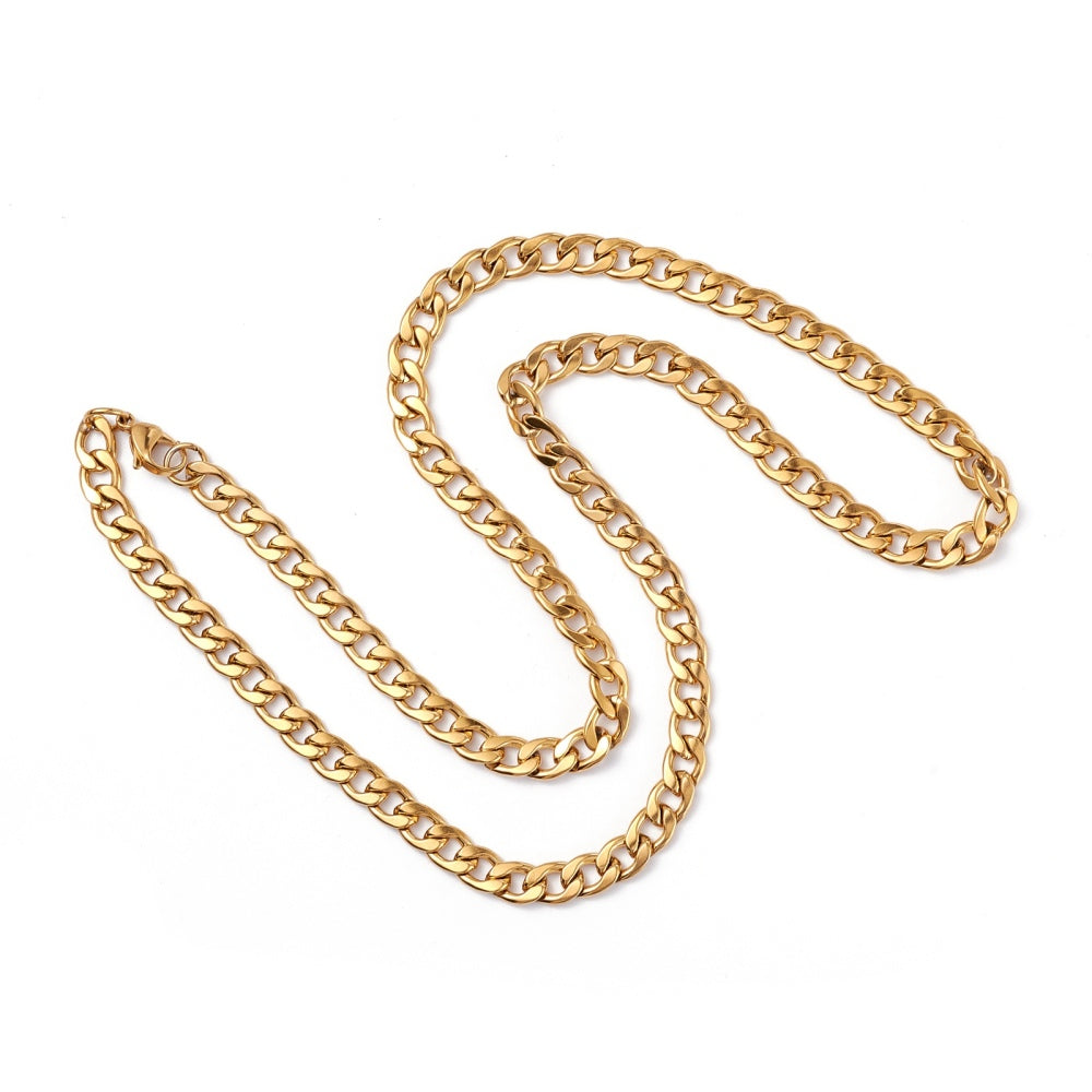 golden curb link chain necklace with lobster claw clasp on a white background. 