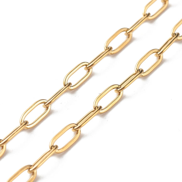 zoomed in sections of golden paperclip chain necklace on white background. 
