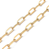 zoomed in sections of golden paperclip chain necklace on white background. 